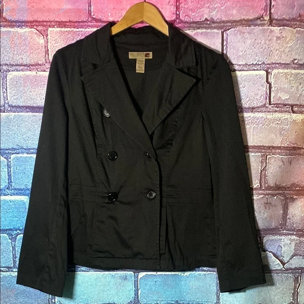 Women's Black Double-Breasted Jacket Coat Large Button Down
